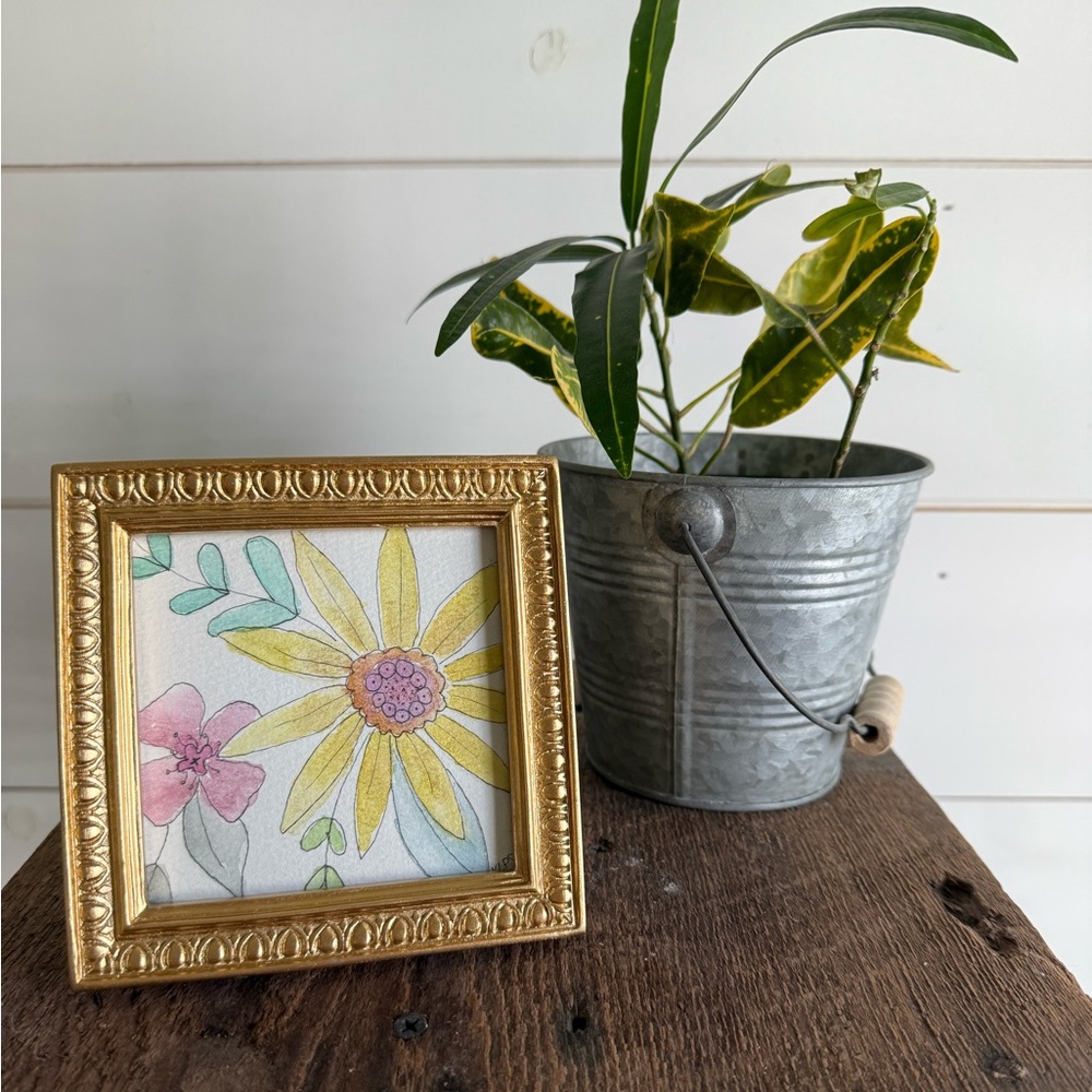Watercolor original floral 4x4 in gold frame